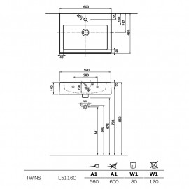 Раковина TWINS 60см з/о прямокутна, меблева