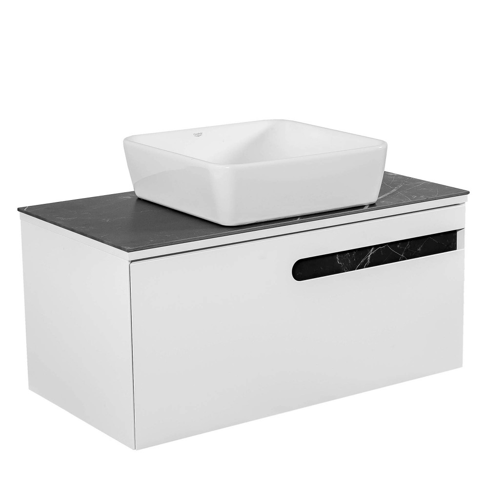 Тумба  Остин белый мат со столешницей 90 см и умывальником ONE 46*46 см квадрат