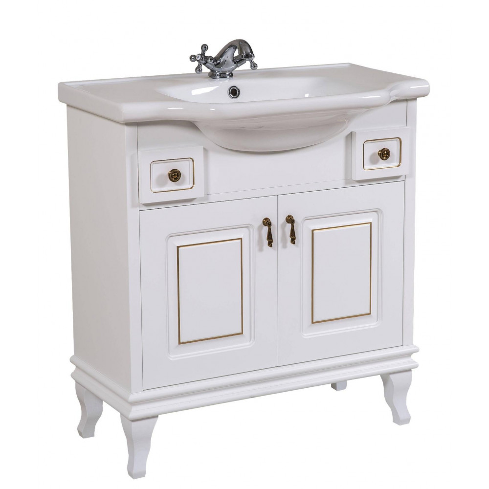 Тумба Беатриче 80 см белая с умывальником Нью Классик патина золото