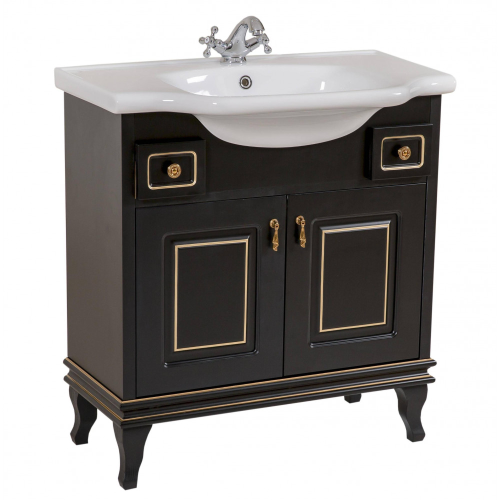 Тумба Беатриче 80 см черный патина золото с умывальником Нью Классик (позиция &quot;под заказ&quot;)