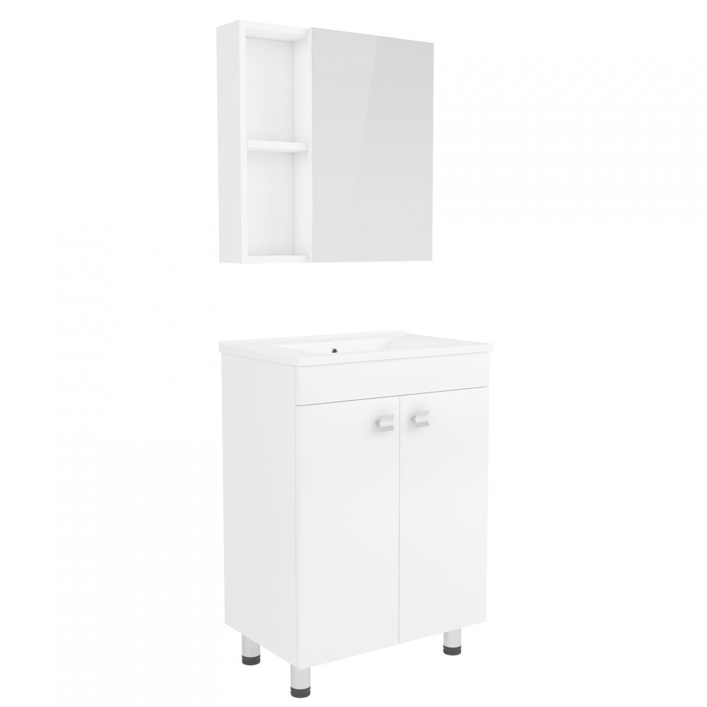 ATLANT комплект мебели 60см белый: тумба напольная, 2 дверцы + зеркальный шкаф 60*60см + умывальник мебельный артикул RZJ610