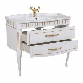 Тумба Рояль белая с умывальником Роял 100 см патина золото