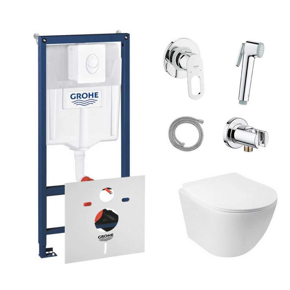Комплект инсталляция Grohe Rapid SL 38722001 + унитаз с сиденьем Qtap Jay QT07335176W + набор для гигиенического душа со смесителем Grohe BauLoop 111042