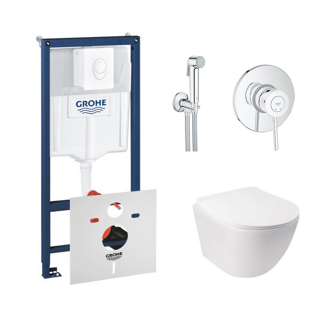 Комплект инсталляция Grohe Rapid SL 38722001 + унитаз с сиденьем Qtap Jay QT07335176W + набор для гигиенического душа со смесителем Grohe BauClassic 2904800S