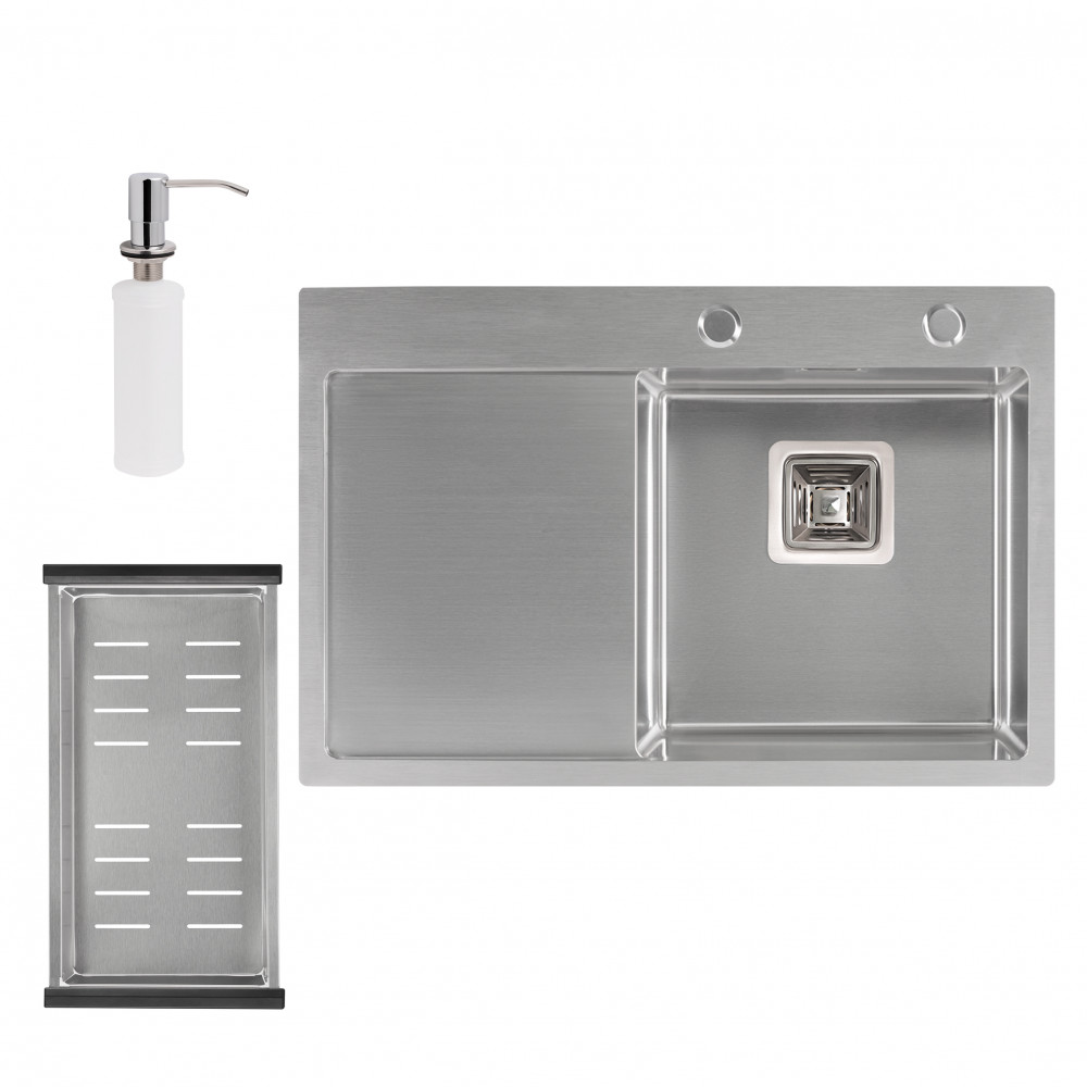 Набор 3 в 1 Qtap кухонная мойка DK6845R 3.0/1.2 мм Satin + сушилка + дозатор для моющего средства