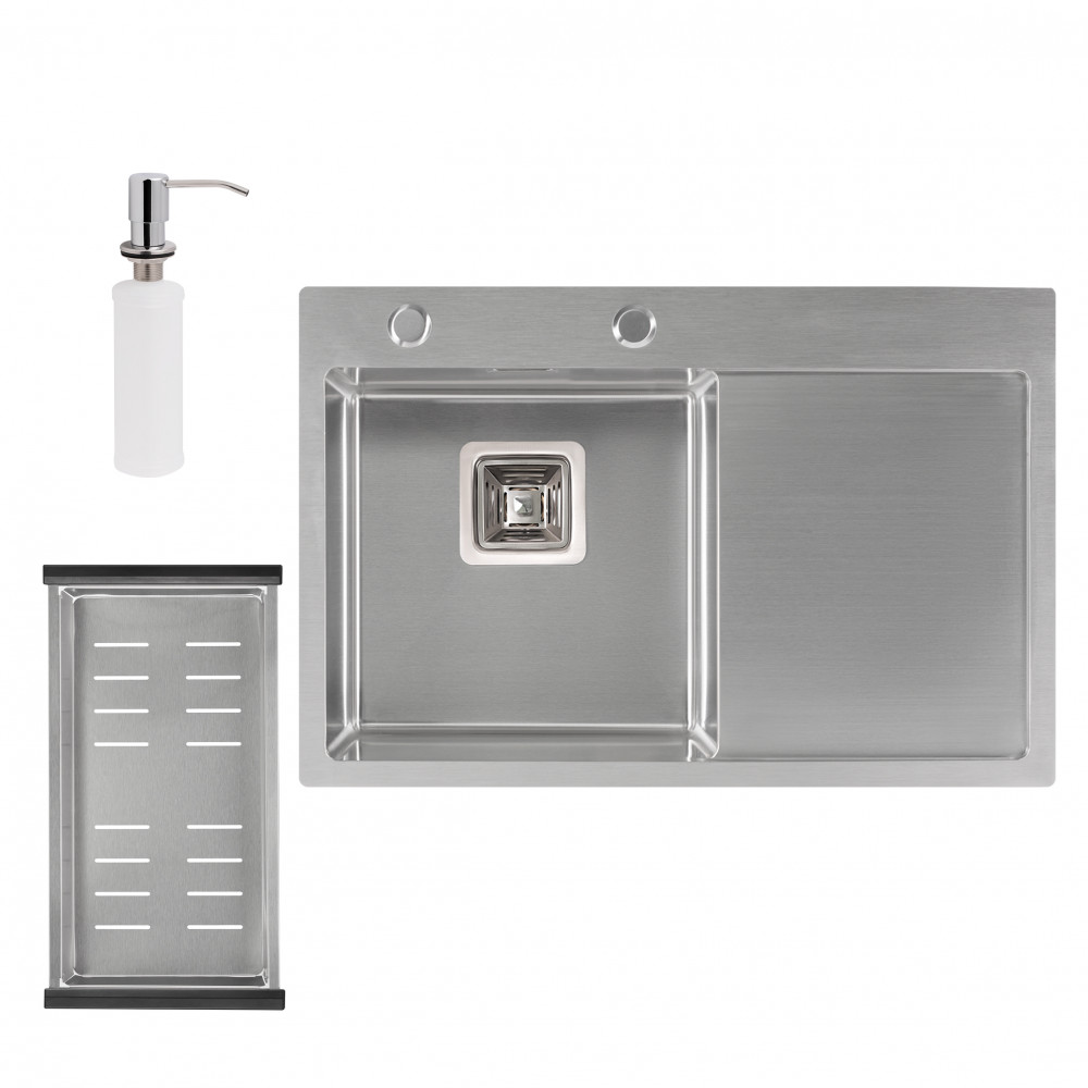 Набор 3 в 1 Qtap кухонная мойка DK6845L 3.0/1.2 мм Satin + сушилка + дозатор для моющего средства