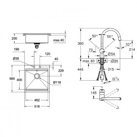 Набор Grohe мойка кухонная K800 31583SD0 + смеситель Minta 32918000