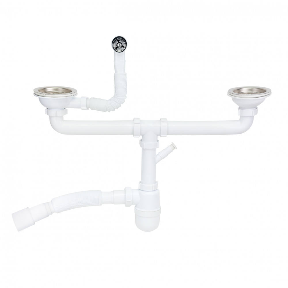 Сифон двойной для кухонной мойки Lidz (WHI) 60 08 E001 02 ECO с круглым переливом (выход 50 мм)