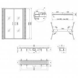 Набор Qtap дверь в нишу Gemini CRM209.C6 90х190 см, стекло Clear 6 мм, покрытие CalcLess + трап линейный Dry FB304-600 с сухим затвором и нержавеющей решеткой 600х73 мм