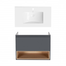 Комплект Qtap тумба подвесная Robin 800х580х437 мм Graphite/Whitish oak + раковина врезная Albatross QT71RO44051