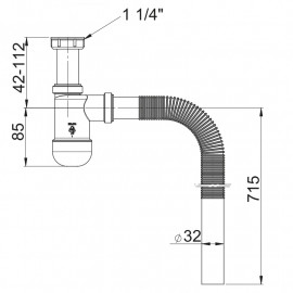 PR3-B4NF3-001 Сифон для умивальника Basic телескопічний, з накидною гайкою 5/4  , гофра d32, перехiдник d32/40 з розеткою